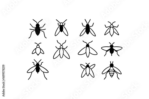 11 different flying insect icons line art vector 