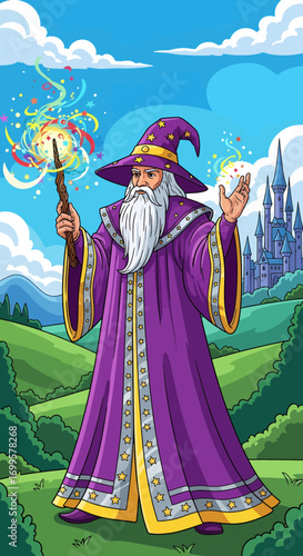 Wise Wizard Casting Magic with Wand and Orb in Enchanted Landscape with Castle