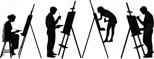 Silhouette artists painting on canvas, people working with easels, creative art studio scene, vector illustration of painters drawing and creating artwork