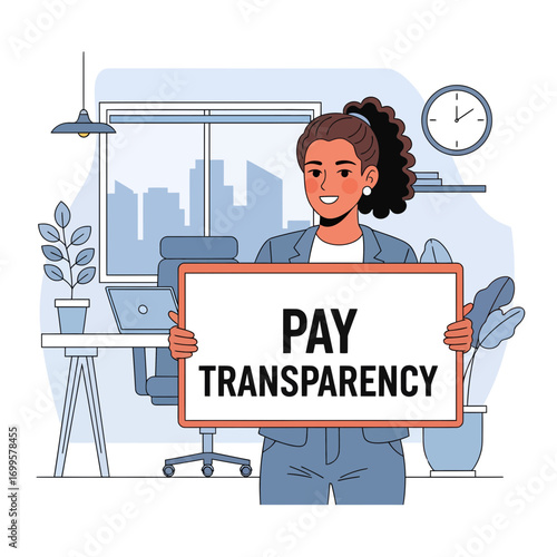 Woman holding sign promoting pay transparency and equal opportunities in the workplace