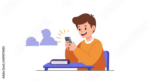 Child Using Smartphone in Classroom Setting illustration featuring study, messaging, cartoon, cute, illustration, contemporary