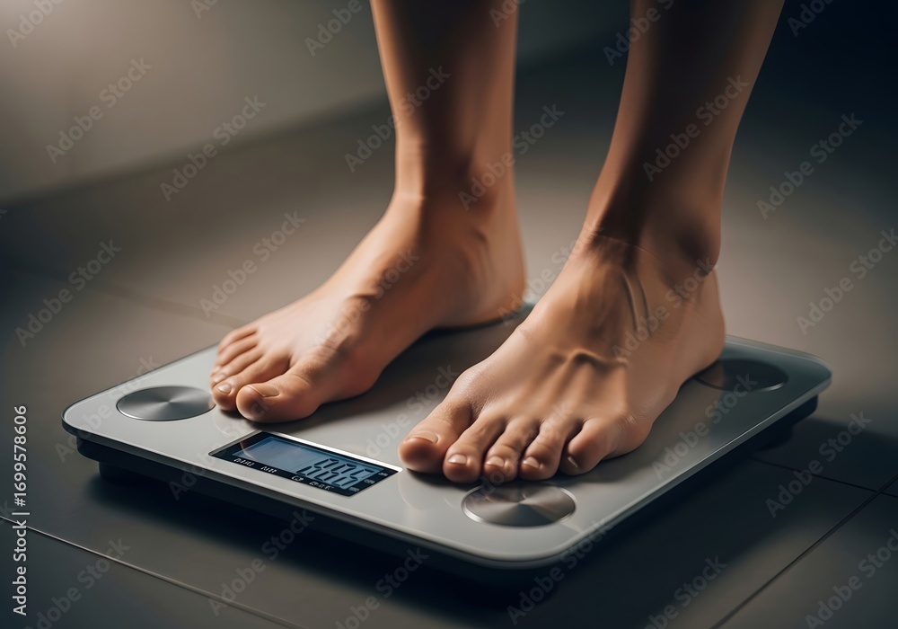 Fototapeta premium Morning routine focus on health and wellness featuring a person weighing themselves on a digital scale in a minimalist setting