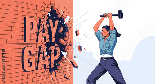 Woman Smashing Brick Wall Symbolizing the Pay Gap with Sledgehammer