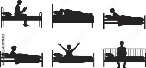 Silhouette people in different bed positions reading, sleeping, sitting, waking up, morning stretching, isolated vector illustration for bedroom, lifestyle, relaxation, and health concepts.