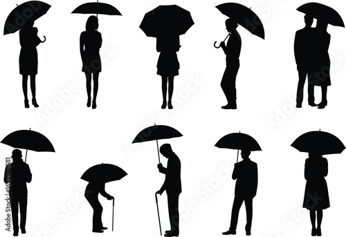 Silhouette people holding umbrellas vector illustration set, walking standing poses, men women couples with umbrellas graphic design for rain, weather, protection, safety themes