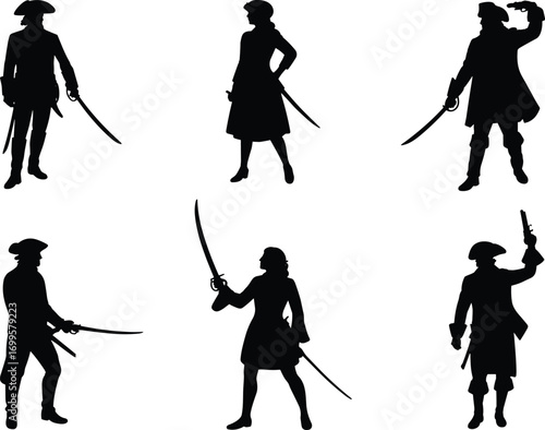 Silhouette vector illustration of pirate characters with swords and pistols, historical buccaneer poses, vintage adventure figures, retro black silhouette design elements for artwork