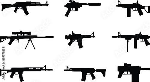  Silhouette vector illustration of rifles, pistols, and machine guns in different styles, modern weapon collection design, military firearms isolated on white background