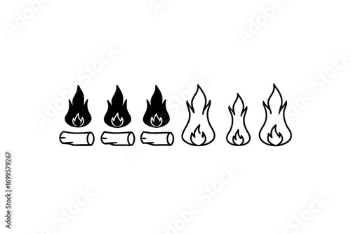 6 different burned wood pieces icons line art 
