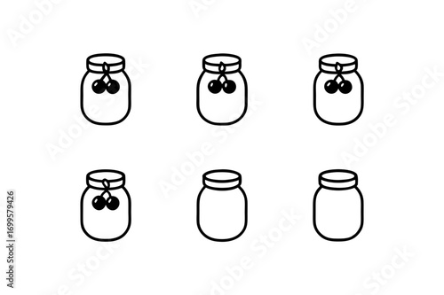 6 different berry jam jar icons line art vector 