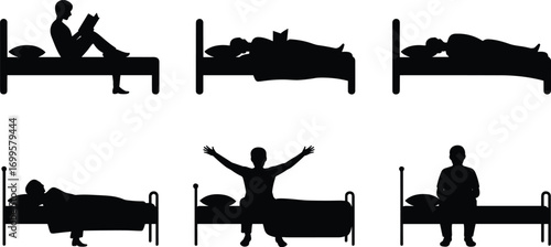 Silhouettes of people in bed, reading, sleeping, resting, and waking up, morning routine illustration, bedtime activities vector, relaxation and rest design