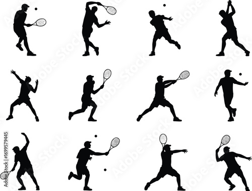  Silhouettes of tennis players with rackets, sport athlete poses collection, vector illustration, competitive tennis actions, professional game movements, black isolated design