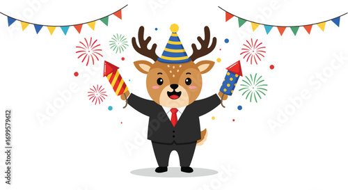 A happy deer in a suit and party hat holds fireworks with a banner and confetti