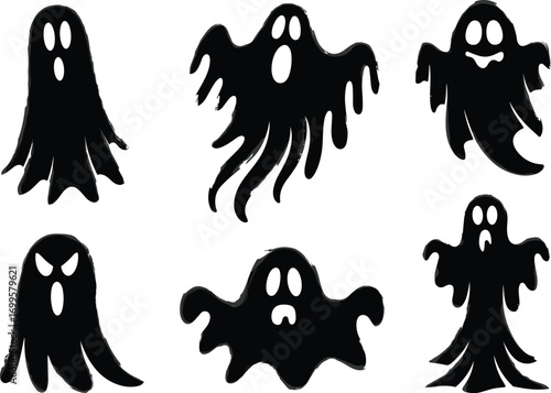 Spooky ghost silhouettes vector illustration, scary haunted spirit shapes, cartoon Halloween horror design, creepy phantom shadow collection, isolated black ghosts for decoration