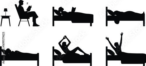  Sleeping and waking silhouette vector illustration, man reading, lying in bed, sleeping poses, stretching, morning wake up, rest positions, human activity icons