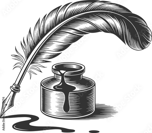 Vintage feather quill and ink bottle illustration, antique writing tool, retro calligraphy pen, classic manuscript sketch, old literature drawing