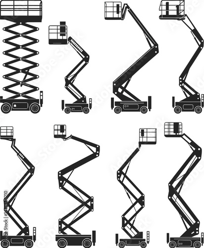 Aerial work platforms, boom lifts, scissor lifts, telescopic lifts, articulated lifts, construction equipment, industrial machinery, elevated work, safety platforms, silhouette icons