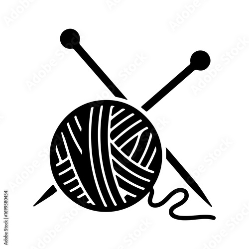 Simple black silhouette icon of a yarn ball and knitting needles.