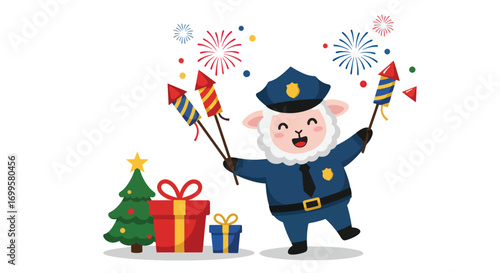 A cartoon sheep in a police uniform holds fireworks