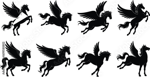 Silhouette of flying and rearing Pegasus horses, mythical winged horses, fantasy animals, magical creatures, winged stallions, vector illustration, fantasy art