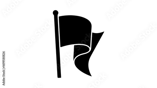 Simple black waving flag icon on a flagpole isolated.