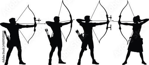 Silhouettes of archers aiming bows and arrows, group practicing archery, male and female athletes, outdoor sport, target shooting, vector illustration