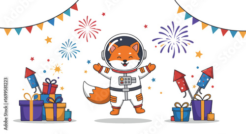 Fox astronaut celebrates with fireworks and gifts