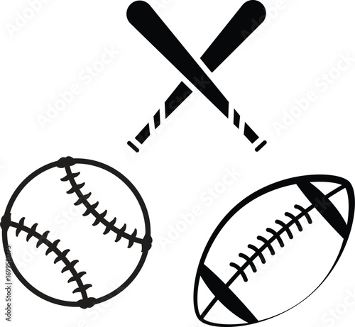 Baseball Icons Set Glove Ball Bat Graphic Design