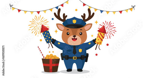 A cartoon deer dressed as a police officer holding fireworks