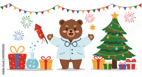 Cartoon bear in lab coat with Christmas tree and presents