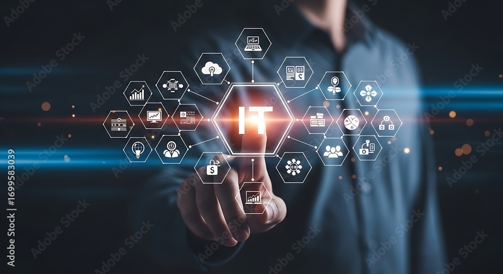 Fototapeta premium Person interacting with digital technology and data icons future innovation and connection