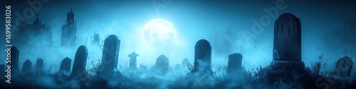 Eerie graveyard scene with tombstones under a full moon on a foggy night