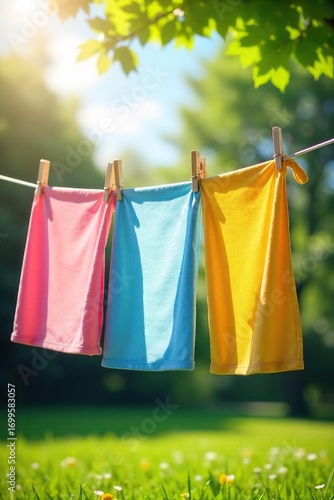 Freshly laundered clothes drying on a clothesline in bright sunshine, a summer breeze gently swaying the fabrics Perfect for spring cleaning, laundry day, and home organization themes , fresh, home