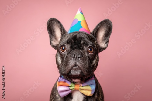 Wallpaper Mural french bulldog in colorful party hat and bow tie looking at camera on pink background concept of pet care concept of celebration industry concept of animal lifestyle marketing Torontodigital.ca
