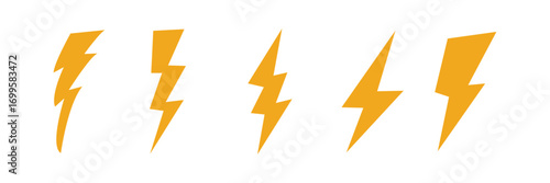 Set of lightning bolt icons. Collection of thunderstorm signs isolated on white background. Energy, power, flash light, dander or battery charge symbols. Vector graphic illustration
