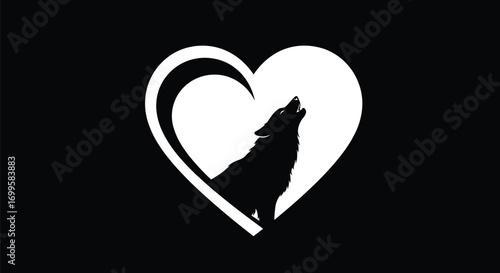 Wolf howling inside heart vector illustration, animal love concept, wildlife silhouette design, pet care graphic, nature symbol artwork, black isolated wolf art