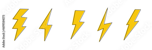 Yellow lightings on white background, set of lightning, lightning bolt icon