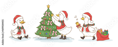Cute geese in Christmas theme and costume illustration by hand drawn 