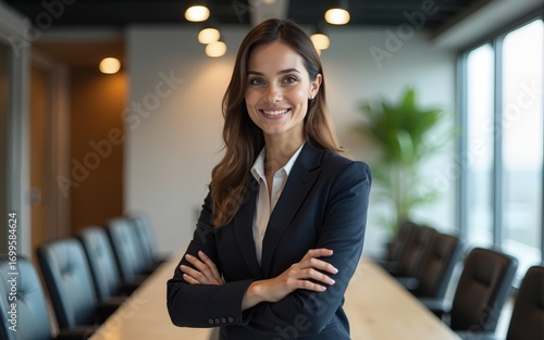 Portrait of professional businesswoman in suit standing at corporate firm in a boardroom during the meeting and smiling at camera. High quality