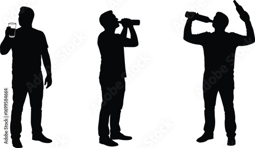 Man drinking silhouette vector set, people holding glass and bottle, alcohol consumption, lifestyle design, black isolated illustration, bar, party, beverage graphic