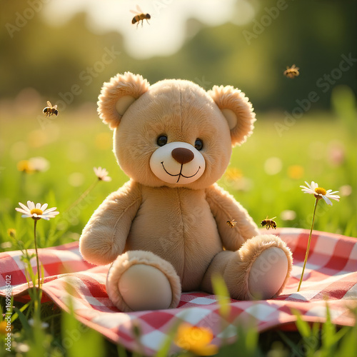 Adorable teddy bear enjoys a sunny picnic surrounded by bees in a whimsical meadow setting
