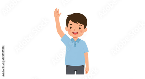 Happy little boy waving hand on white background illustration featuring student, graphic, smiling, hi, hello, child concept