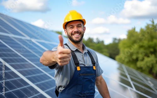 A handyman on roof surrounded by solar panels giving thumbs up for eco living. High quality