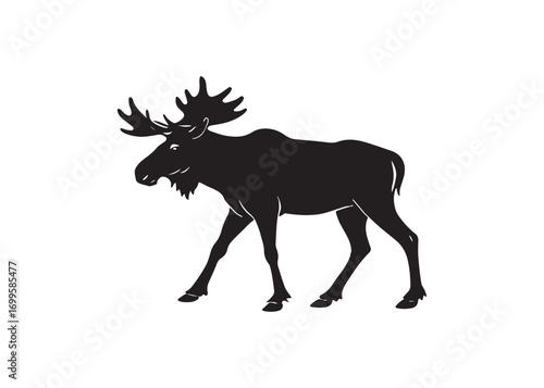 Majestic moose silhouette with giant antlers forward view on white background.