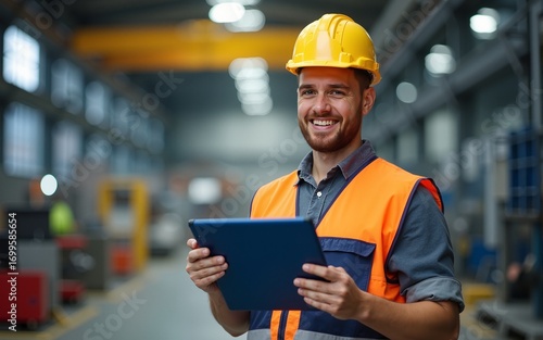A heavy industry worker is using tablet in factory while smiling a the camera. High quality