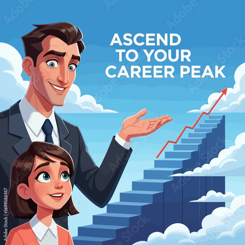Successful Male Mentor Guides Young Female Protégé Towards Career Peak on a Symbolic Staircase