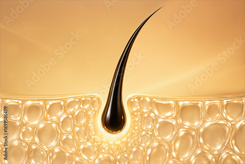 3D illustration of hair root growing from skin cells, symbolizing strength, growth, and nourishment. Perfect for haircare, cosmetic advertising, medical research, and healthcare concepts.