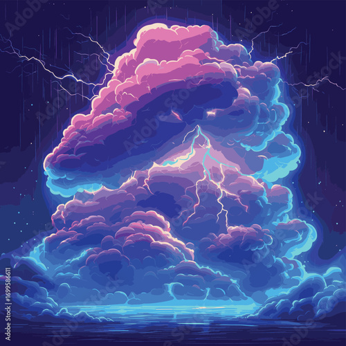 Futuristic thunderstorm weather, meteorology concept with glowing clouds, rain shower and lightning  , vector style simple color