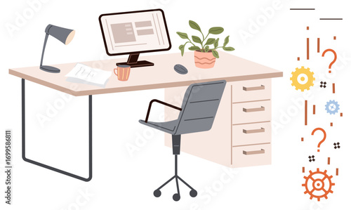 Office desk featuring computer, desk lamp, chair, mug, documents, and plant. Abstract question marks and gears symbolize creativity, problem-solving and productivity. Ideal for workspace office