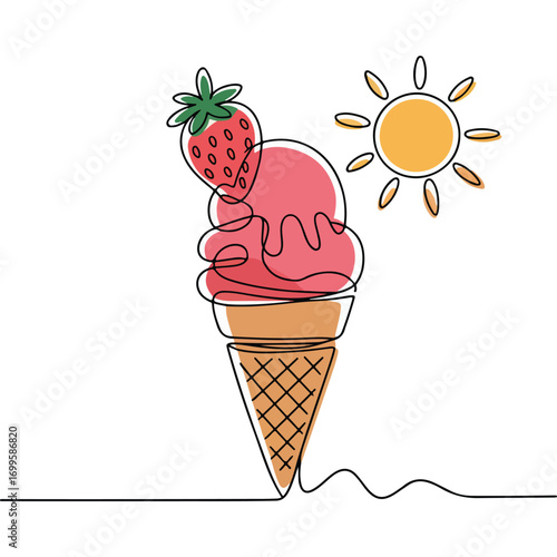 Simple black line art drawing of a strawberry cone ice cream in a minimalist style on a white background.