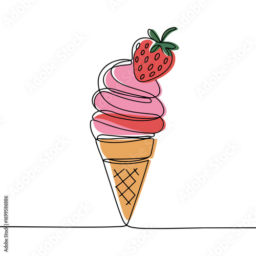 Simple black line art drawing of a strawberry cone ice cream in a minimalist style on a white background.